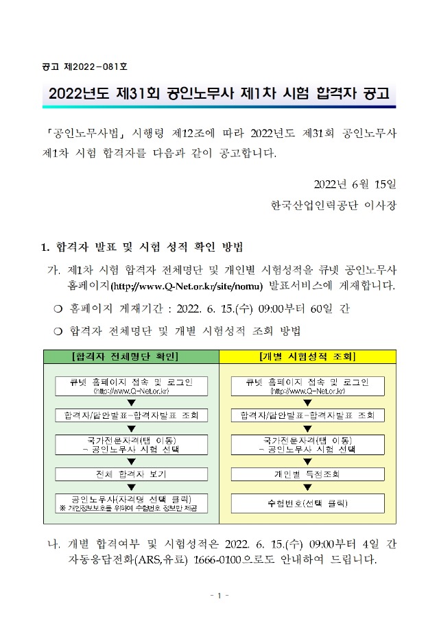 2022년도 제31회 공인노무사 제1차 시험 합격자 공고001.jpg